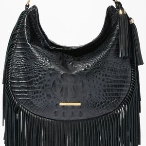 ISO Brahmin Black Embossed Hobo Bag with Fringe